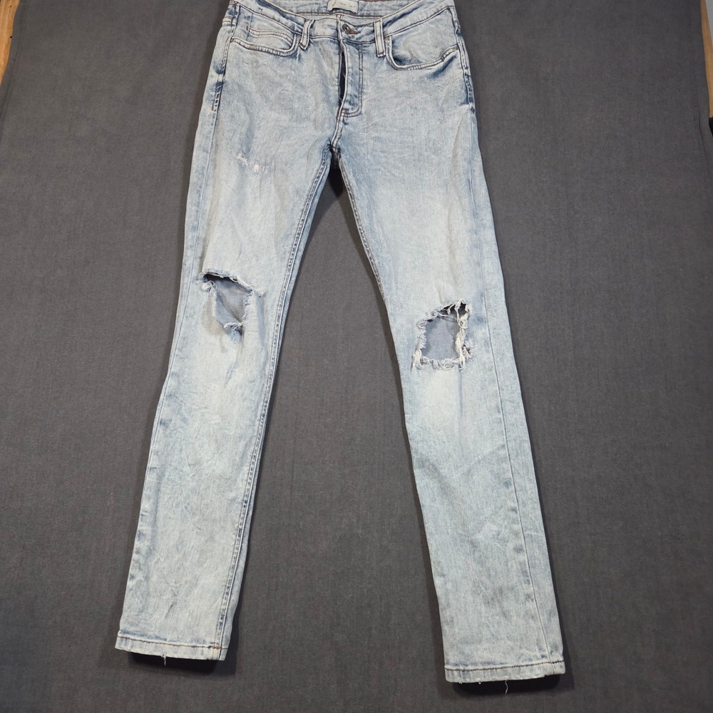 Zara Man Distressed Slim Jeans Mens 31 Light Wash Acid Blue Ripped Knee Button